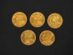 Cinq pièces de 20 Francs or Helvetia, 1935-LB.
FRAIS ACHETEURS 5%...