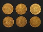 Six pièces de 20 Francs or Helvetia, 1947-B. 
FRAIS ACHETEURS...