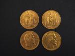 Quatre pièces de 20 Francs or, 1860-A, 1865-A,1878-A et 1897-A.
FRAIS...