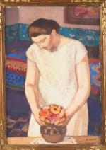 Armand ASSUS.
"Jeune fille au bouquet de fleurs"
Huile sur toile, signée...