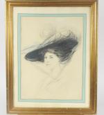 HELLEU.
"Portrait de dame au chapeau noir"
Dessin aux trois crayons. 
Signé...