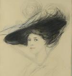 HELLEU.
"Portrait de dame au chapeau noir"
Dessin aux trois crayons. 
Signé...