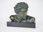Alexandre KELETY.
"Buste de Jean Mermoz".
Sculpture en bronze à patine verte,...