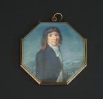 Miniature XIXème, "portrait d'homme au jabot", monogramme en cheveux au...
