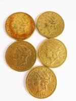 5 pièces de 20 dollars (1883, 1884, 1889 x 2,...