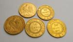 5 pièces de 20 francs or : 1848 A, 1876...