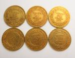 6 pièces 20 francs tunisien or : 1889 A,1892 A,...