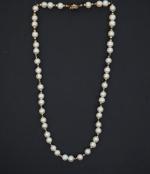 Collier de perles blanches, bleues et or alternées. 
Joli fermoir...