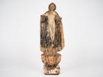 Ecole francaise XVIIIème.
"Vierge en majesté".
Sujet en bois sculpté polychrome.
H. 32...