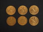 Six pièces de 20 Francs or, 1851-A, 1977-A et 1912...