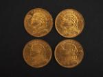 Quatre pièces de pièces de 20 Francs suisse or, 1930...