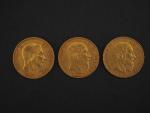 Trois pièces 20 Francs belge or, 1867, 1877 et 1878.