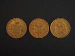 Trois pièces 20 Francs belge or, 1867, 1877 et 1878.