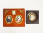 Dans un même encadrement en citronnier, trois miniatures " portraits...