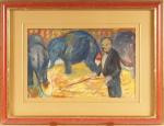 Edouard G&ERG "Le cirque, le dresseur d'éléphant". 
Gouache
Monogrammée en bas...