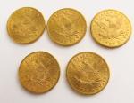 5 pièces de 10 dollars en or : 1880, 2...
