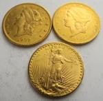 3 pièces de 20 Dollars or 1904, 1907, 1927. Frais...