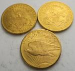 3 pièces de 20 Dollars or 1904, 1907, 1927. Frais...