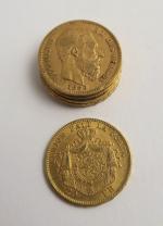 6 pièces Léopold II or. Frais acheteur 5 % TTC
