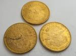 3 pièces de 20 dollars or 1894, 1896, 1899. Frais...