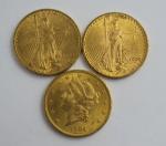 3 pièces de 20 dollars or 1904, 1908, 1924. Frais...