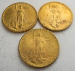 3 pièces de 20 dollars or 1822, 1824, 1825. Frais...