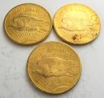 3 pièces de 20 dollars or 1822, 1824, 1825. Frais...