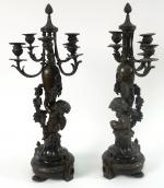 Paire de candélabres en bronze à patine brune et marbre...