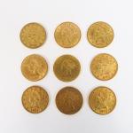 9 pièces de 10 dollars or, 1878, 1880, 1881 (x3),...