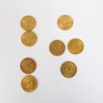 8 pièces de 5 dollars or, 1893, 1894 (x2), 1897,...