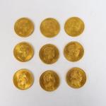 9 pièces de 8 Florins ou 20 Francs or Francois-Joseph...