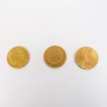Trois pièces de 20 Francs or, 1859, 1896-A et 1907.

FRAIS...