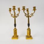 Paire de candélabres XIXème en bronze patiné et doré, reposant...