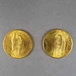 Deux pièces de 20 Dollars or, 1910 et 1925.

FRAIS ACHETEURS...