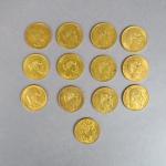 Treize pièces de 20 Francs or, 1850-A (1), 1852-A (5),...