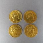 Quatre pièces de 20 Francs or, 1855-A, 1856-A, 1866-BB, 1869-BB.

FRAIS...