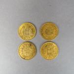 Quatre pièces de 20 Francs or, 1855-A, 1856-A, 1866-BB, 1869-BB.

FRAIS...