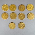 Dix pièces de 20 Francs or, 1865-A (1), 1866-BB (2),...