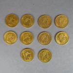 Dix pièces de 20 Francs or, 1860-A (1), 1860-BB (1),...