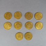 Dix pièces de 20 Francs or, 1860-A (1), 1860-BB (1),...