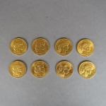 Huit pièces de 20 Francs or, 1902, 1906 (3), 1907...