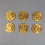 Six pièces de 20 Francs or, 1914.

FRAIS ACHETEURS : 5%...