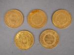Lot comprenant cinq pièces de 20 Francs or, 1866-BB, 1878-A,...