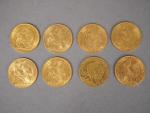Lot comprenant huit pièces de 20 Francs or, 1902, 1905,1906,...