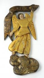 Paire d'anges XVIIIème en bois sculpté, polychrome et doré.
H. 81...