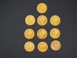 Lot comprenant dix pièces de 20 Lires or, 1869 (x1),...