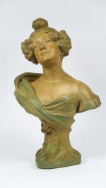 ROSSI. Sculpture Art Nouveau en terre cuite polychrome "Portrait de...