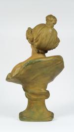 ROSSI. Sculpture Art Nouveau en terre cuite polychrome "Portrait de...