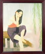 NGUYEN HOANH 
"Jeune femme au peigne".
Huile sur toile.
Signée en haut...