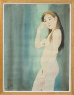 NGUYEN HOANH
"Jeune femme nue aux cheveux longs"
Impression sur soie. 
Signée...